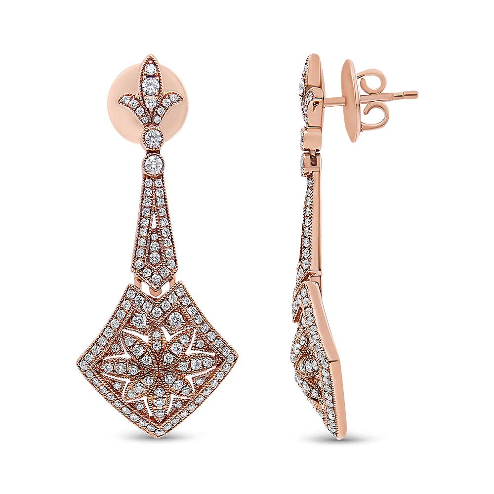 18K Rose Gold 1 1/3 Cttw Diamond Studded Fleur De Lis Trellis Style Drop and Dangle Earring