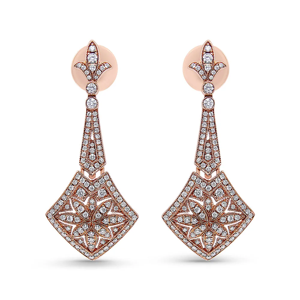 18K Rose Gold 1 1/3 Cttw Diamond Studded Fleur De Lis Trellis Style Drop and Dangle Earring