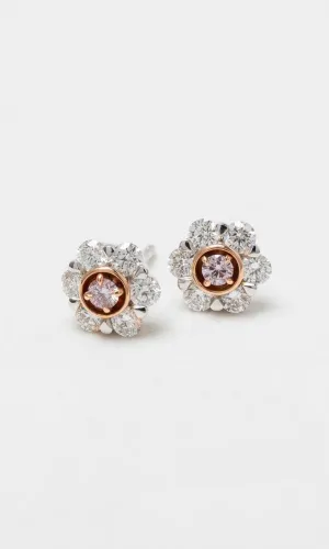 18K RWG Australian Pink & White Diamond Floral Stud Earrings
