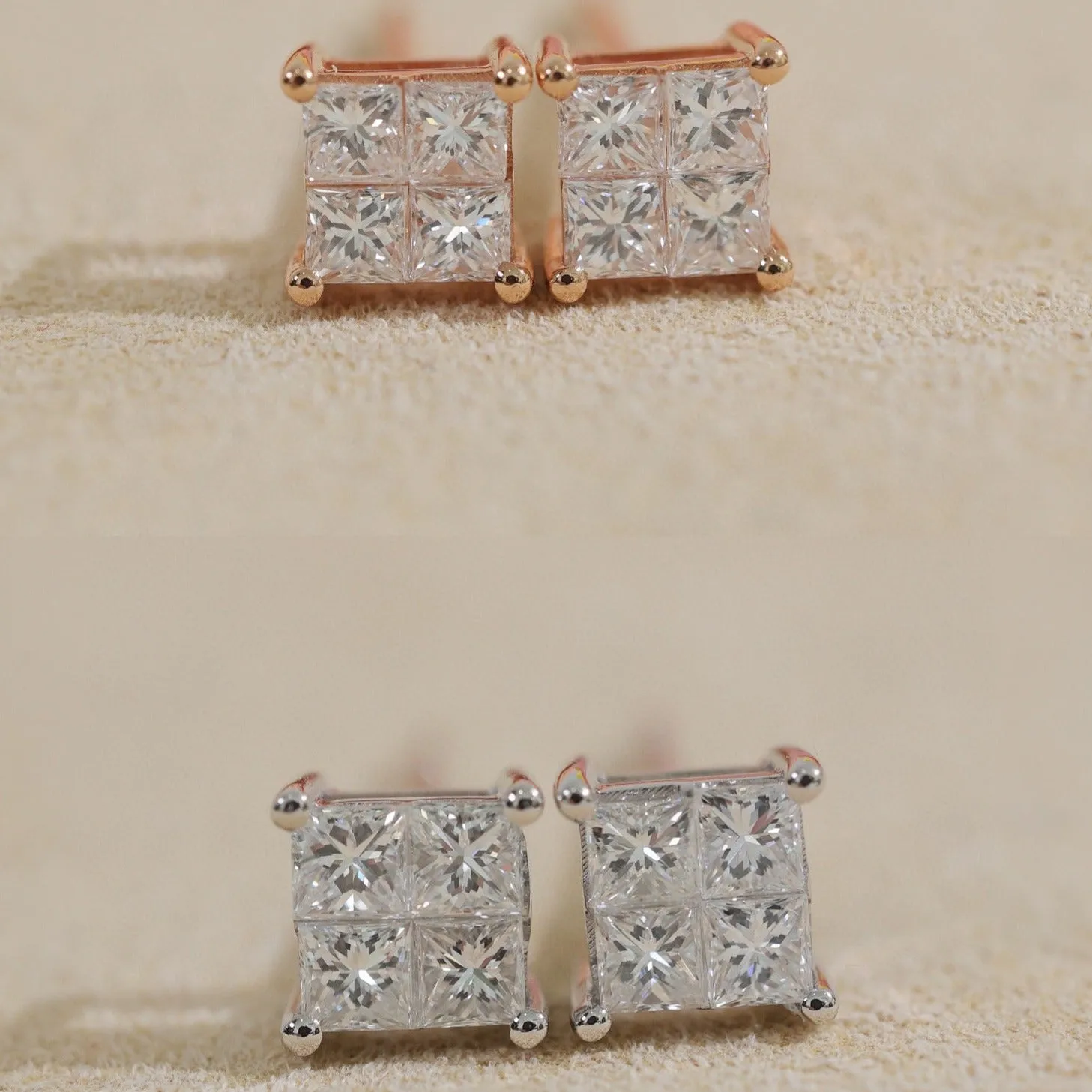 18K Solid Gold Princess Cut Diamond Stud Earrings, Diamond Earrings, everyone wear