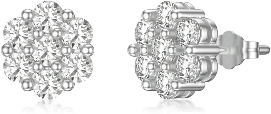 18K White Gold Diamond Stud Earrings for Women, 2.4 CT T.W. 9x7mm Cluster Set Lab Grown Diamond Earring Studs, IGI Certified, D Color, VVS1, for Women Ladies Mom Sister