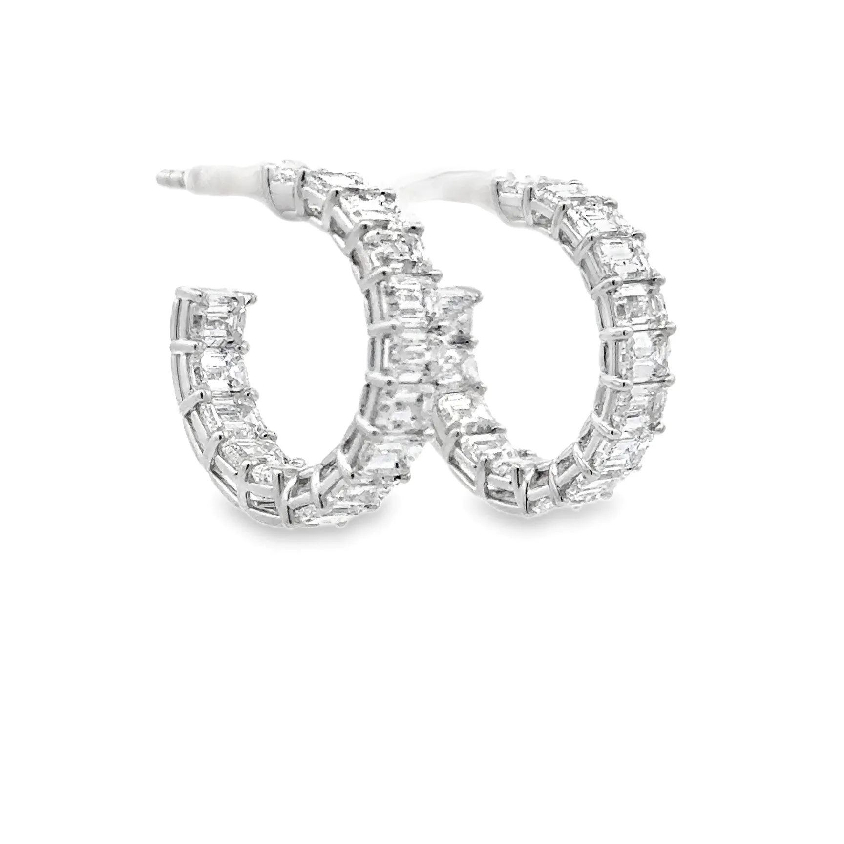 18K White Gold Emerald-Cut Diamond Hoop Earrings