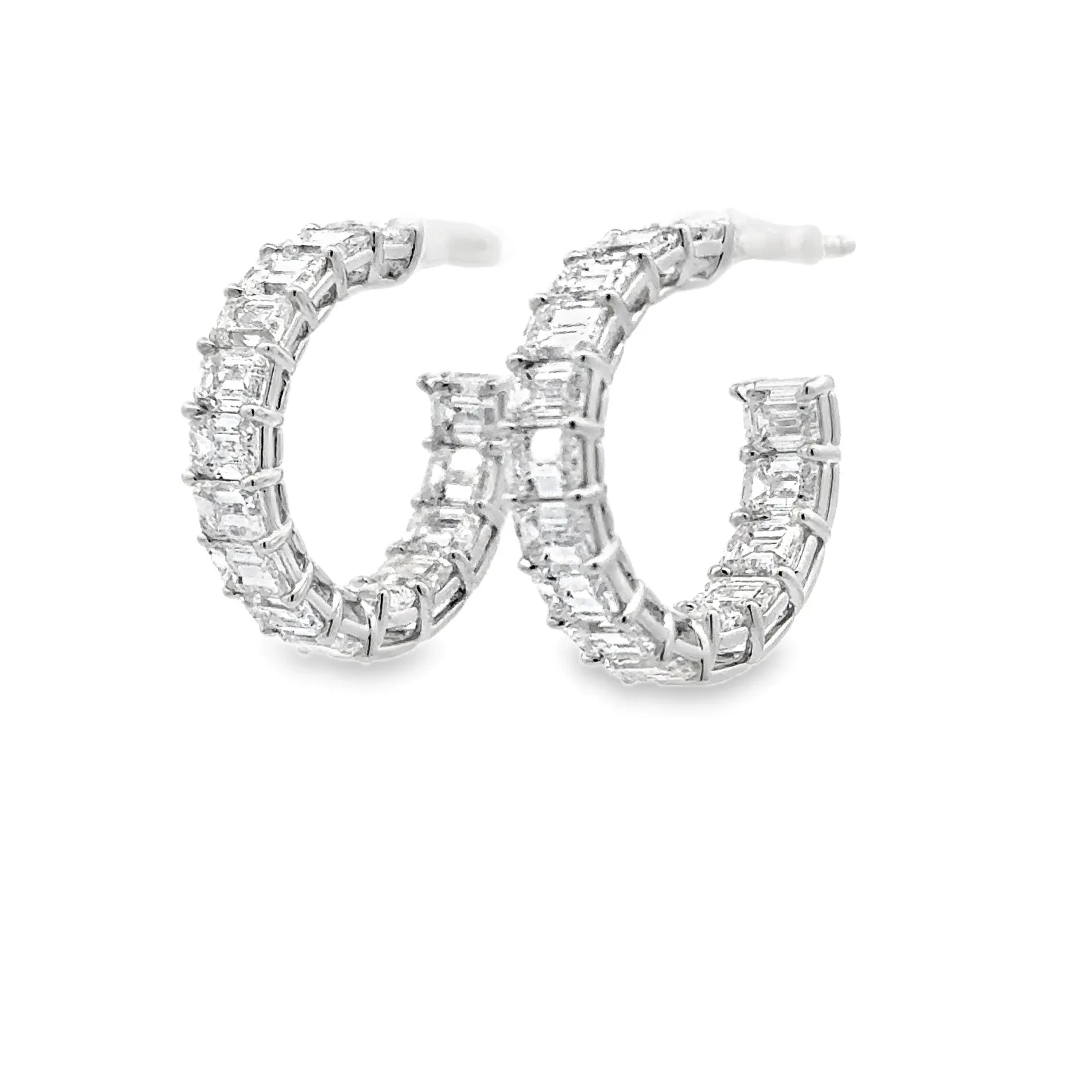 18K White Gold Emerald-Cut Diamond Hoop Earrings