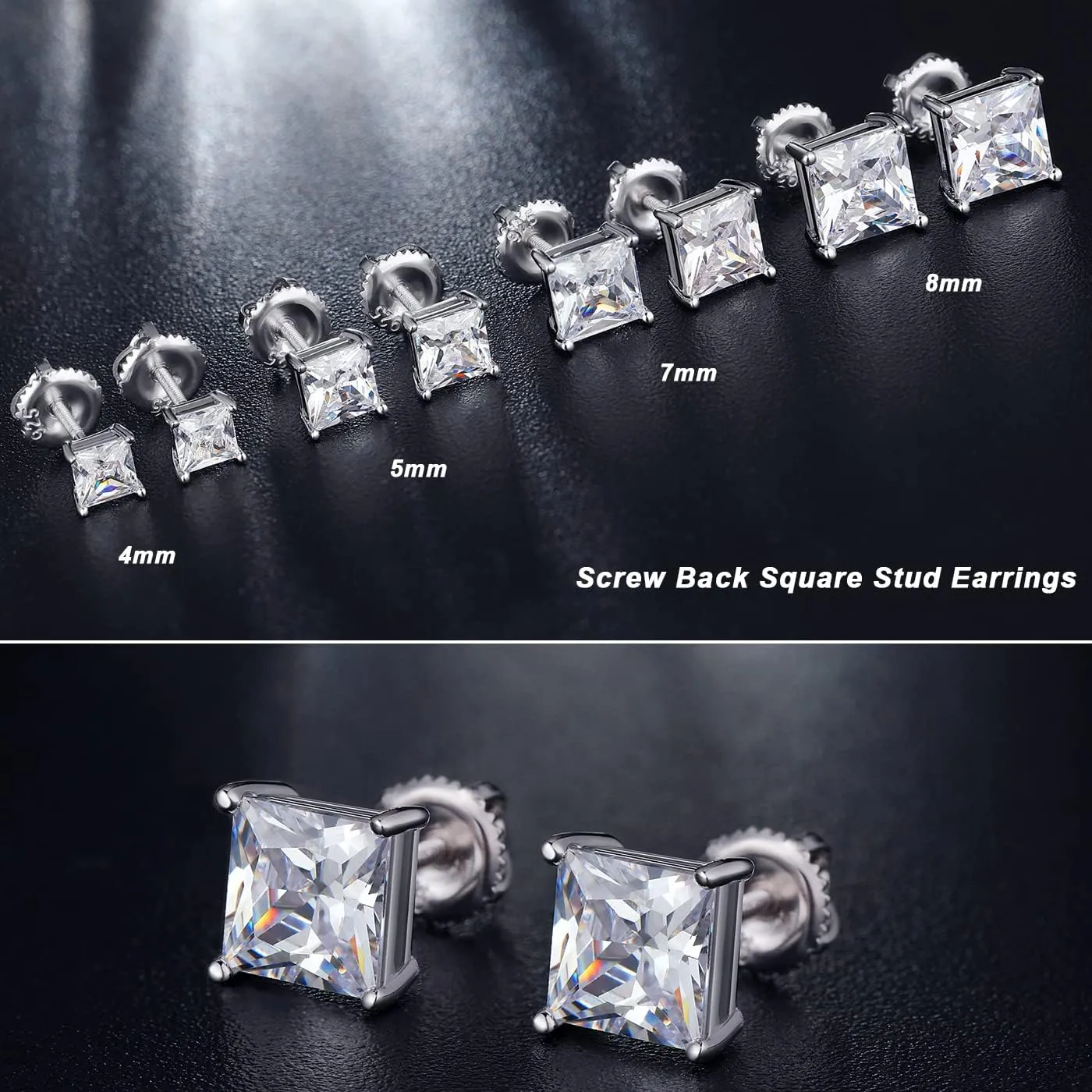 18K White Gold Plated Simulated Diamond Earrings for Men Women Cubic Zirconia Stud Earrings 925 Sterling Silver Screw Back CZ Stud Earrings 4MM-8MM for Unisex