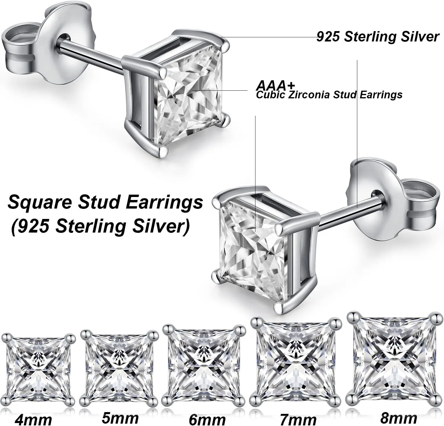 18K White Gold Plated Sparkling Simulated Diamond Studs Earrings s925 Sterling Silver Hypoallergenic Earring for Women Men 4mm-8mm