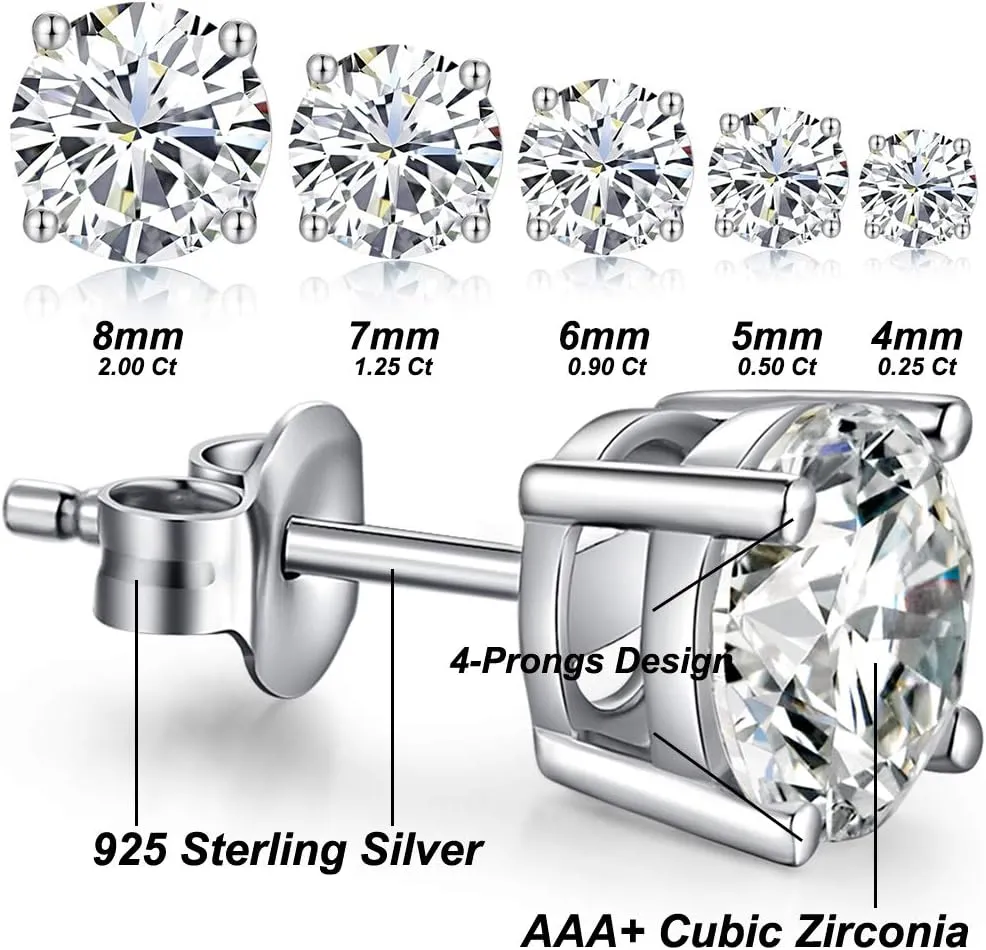 18K White Gold Plated Sparkling Simulated Diamond Studs Earrings s925 Sterling Silver Hypoallergenic Earring for Women Men 4mm-8mm