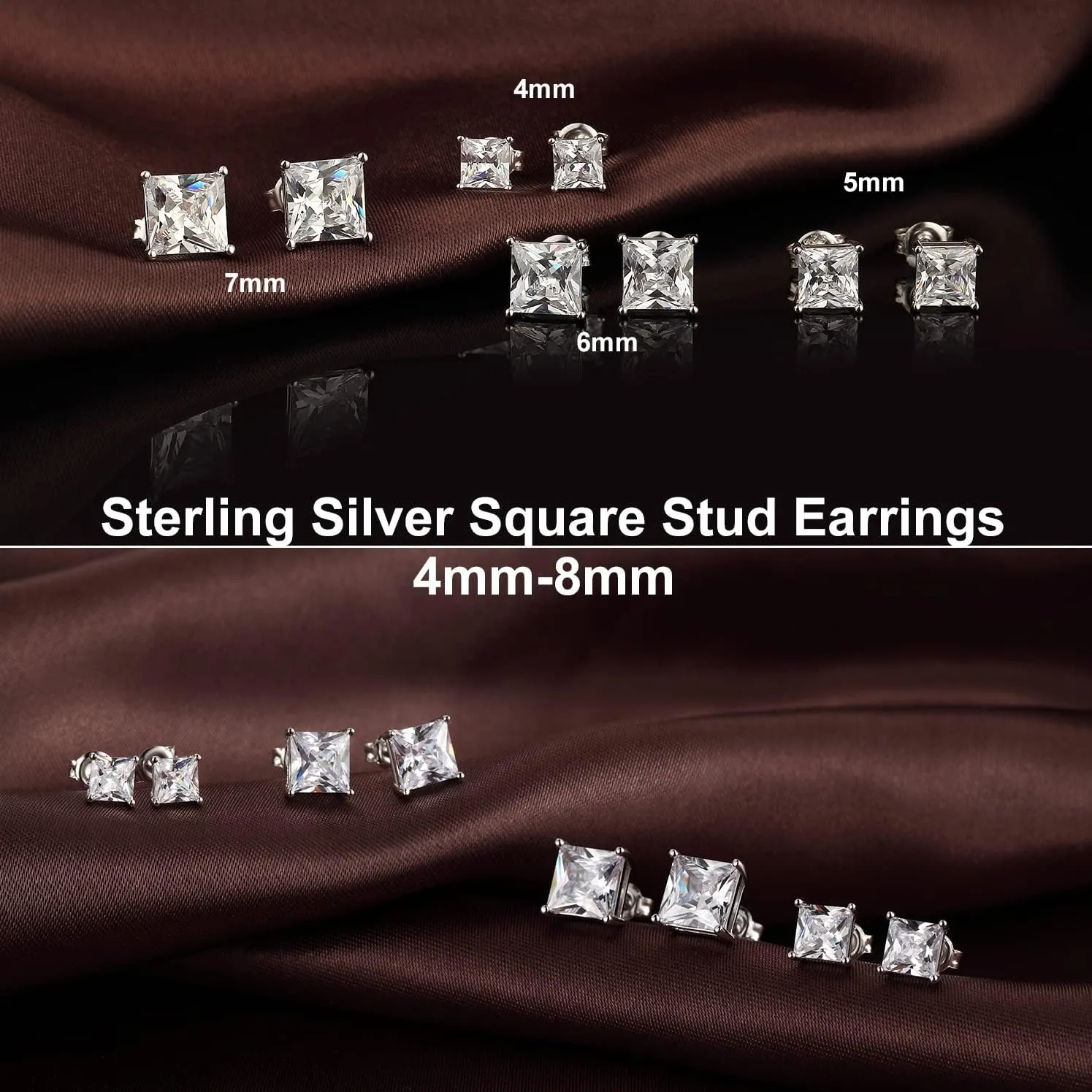 18K White Gold Plated Sparkling Simulated Diamond Studs Earrings s925 Sterling Silver Hypoallergenic Earring for Women Men 4mm-8mm