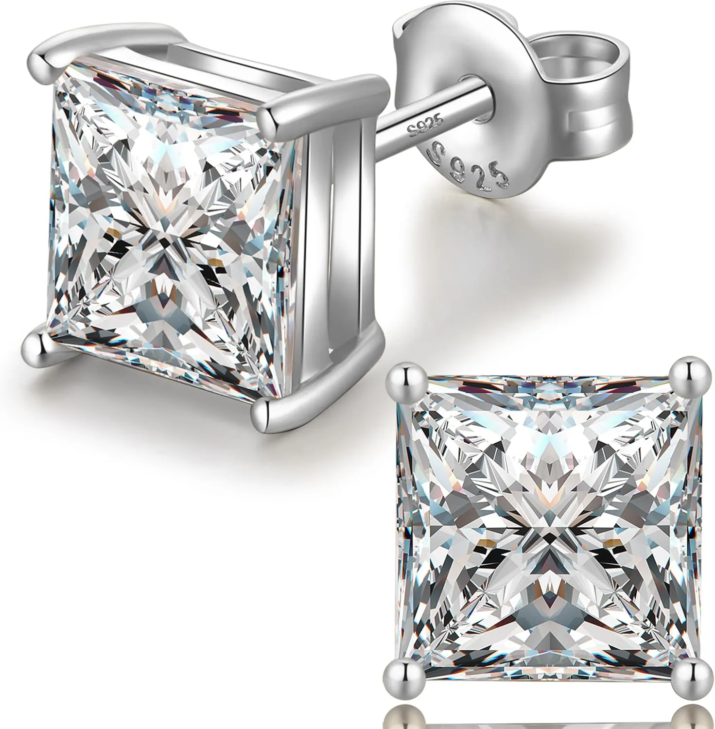 18K White Gold Plated Sparkling Simulated Diamond Studs Earrings s925 Sterling Silver Hypoallergenic Earring for Women Men 4mm-8mm