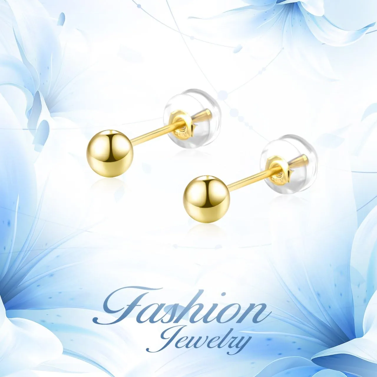 18K Yellow Gold Ball stud Earrings for Women, Gold Post Earrings for Girls