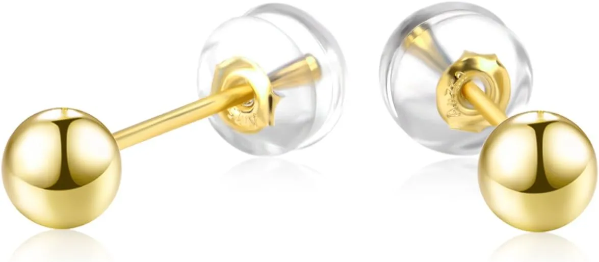 18K Yellow Gold Ball stud Earrings for Women, Gold Post Earrings for Girls