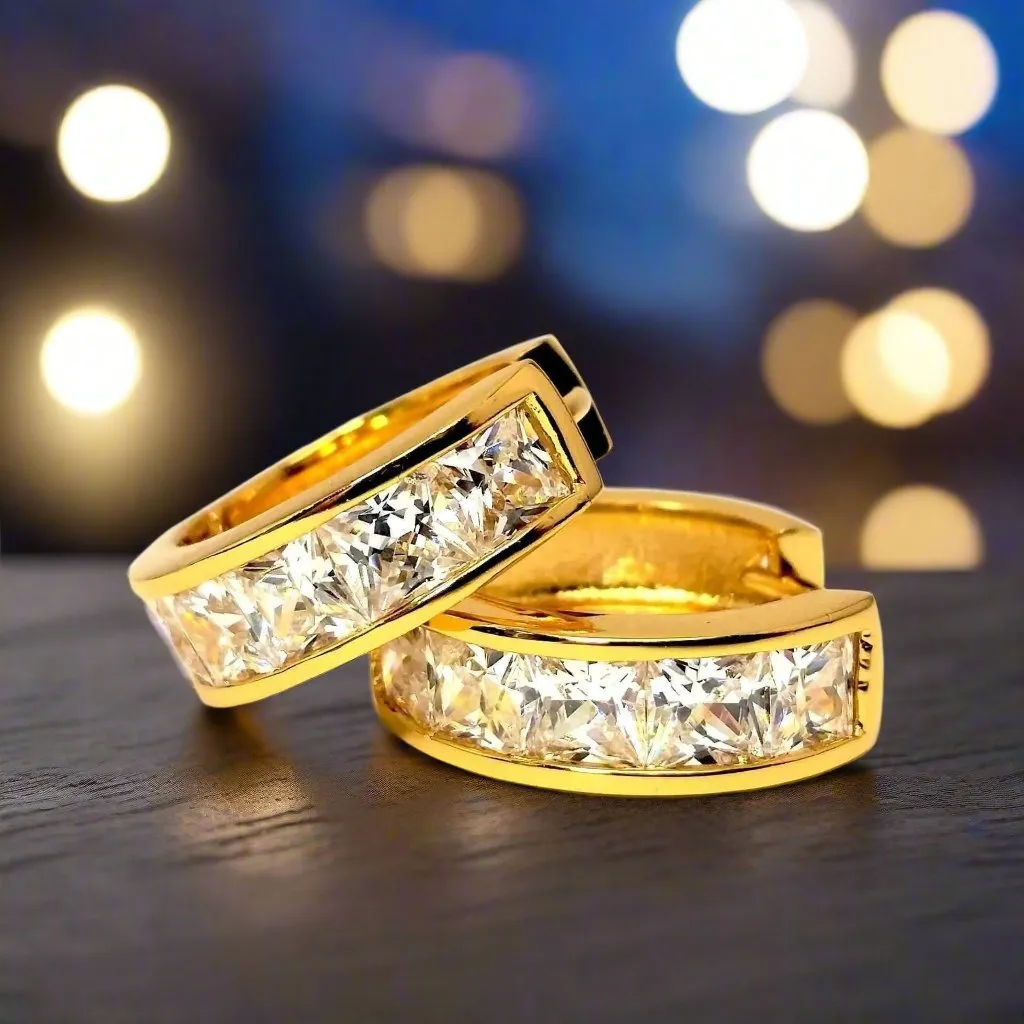 18K Yellow Gold Princess Cut OB Crystal Huggie Earrings for Women