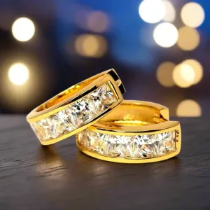 18K Yellow Gold Princess Cut OB Crystal Huggie Earrings for Women
