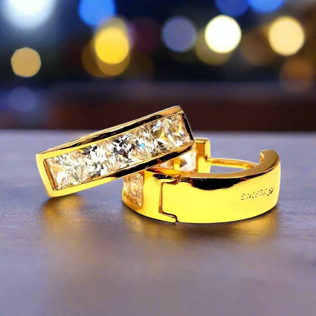 18K Yellow Gold Princess Cut OB Crystal Huggie Earrings for Women