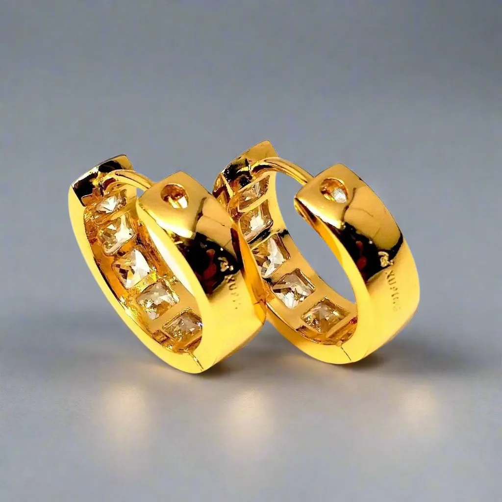 18K Yellow Gold Princess Cut OB Crystal Huggie Earrings for Women