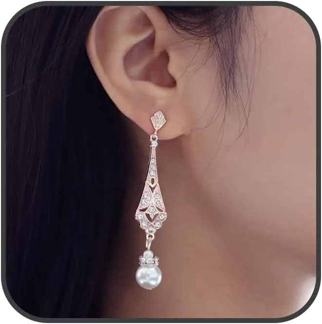 1920s Vintage Pearl Drop Dangle Earrings Trendy Rhinestone Elegant Rose Gold Teardrop Pearl Earrings Flapper Gatsby Themed Party Wedding Earrings Art Deco Jewelry for Women