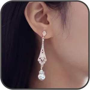 1920s Vintage Pearl Drop Dangle Earrings Trendy Rhinestone Elegant Rose Gold Teardrop Pearl Earrings Flapper Gatsby Themed Party Wedding Earrings Art Deco Jewelry for Women