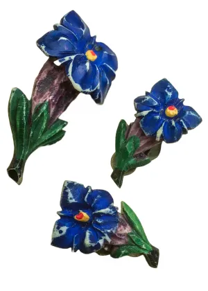 1940s Vintage Alpine Flowers Carved Bone Blue Gentian Brooch Earrings Set