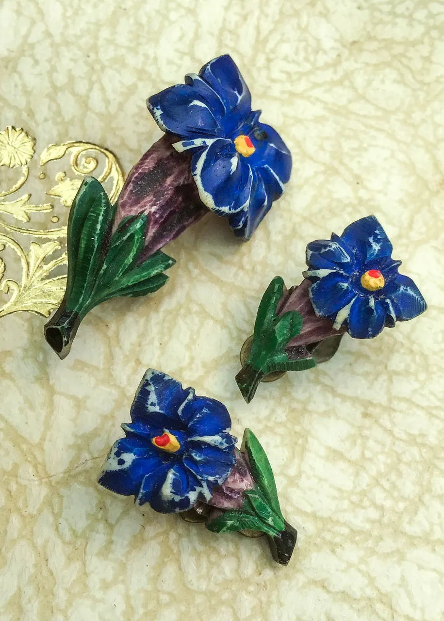 1940s Vintage Alpine Flowers Carved Bone Blue Gentian Brooch Earrings Set
