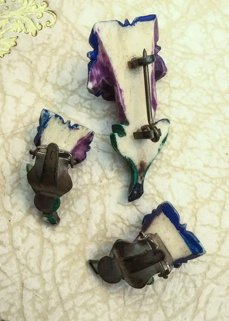 1940s Vintage Alpine Flowers Carved Bone Blue Gentian Brooch Earrings Set