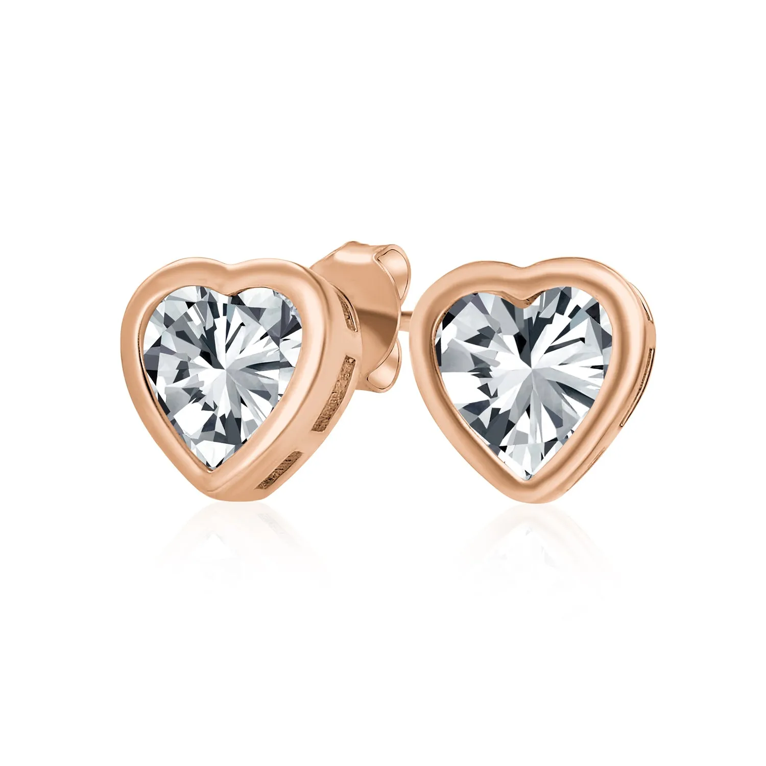 1CT Heart Shape CZ Stud Earrings Rose Gold Sterling Silver 7MM Bezel Set