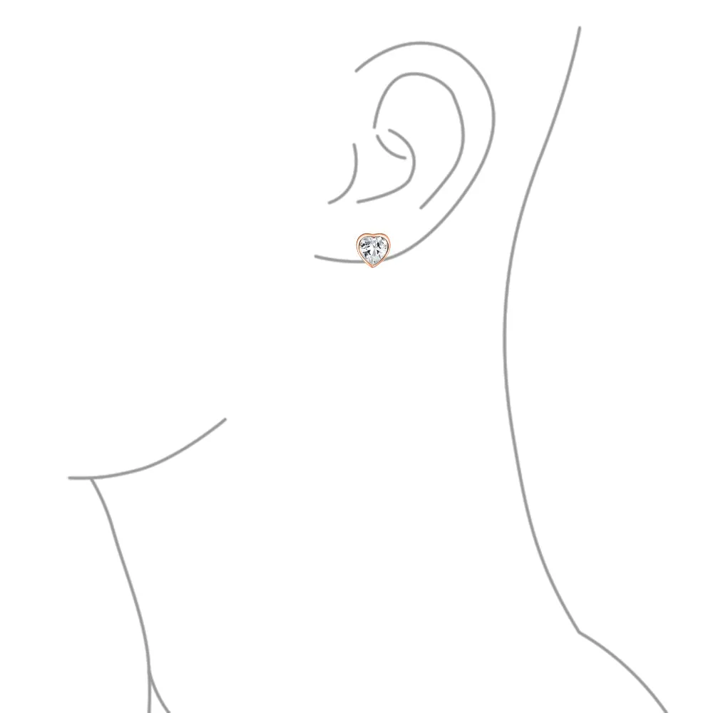 1CT Heart Shape CZ Stud Earrings Rose Gold Sterling Silver 7MM Bezel Set