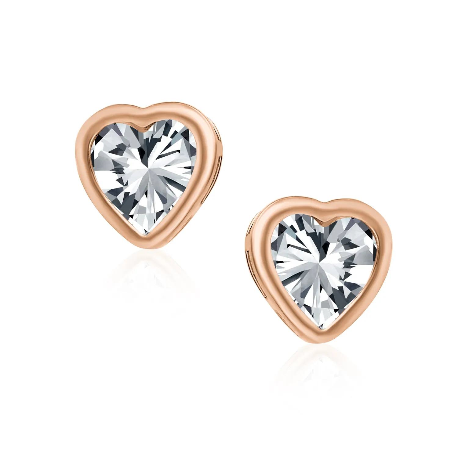 1CT Heart Shape CZ Stud Earrings Rose Gold Sterling Silver 7MM Bezel Set