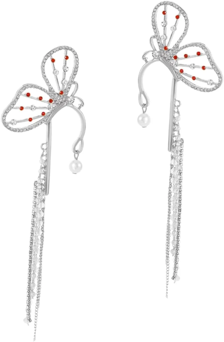 1Pair Elegant Butterfly Ear Cuff Earrings for Women Sparkling No Piercing Hanging Tassel Design Alloys with Fine Workmanship for Weddings and Parties
