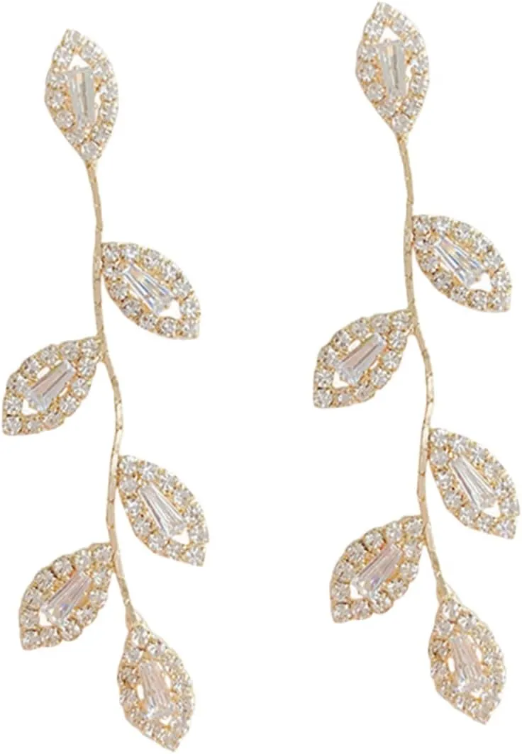 1Pair Long Rhinestone Leaf Dangle Tassel Earrings for Women Glittering Leaf Ear Jewelry for Weddings and Parties Elegant Statement Earrings