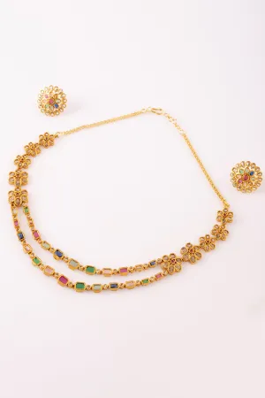 24k Gold Plated Navratna Kundan Multicolor Necklace Set