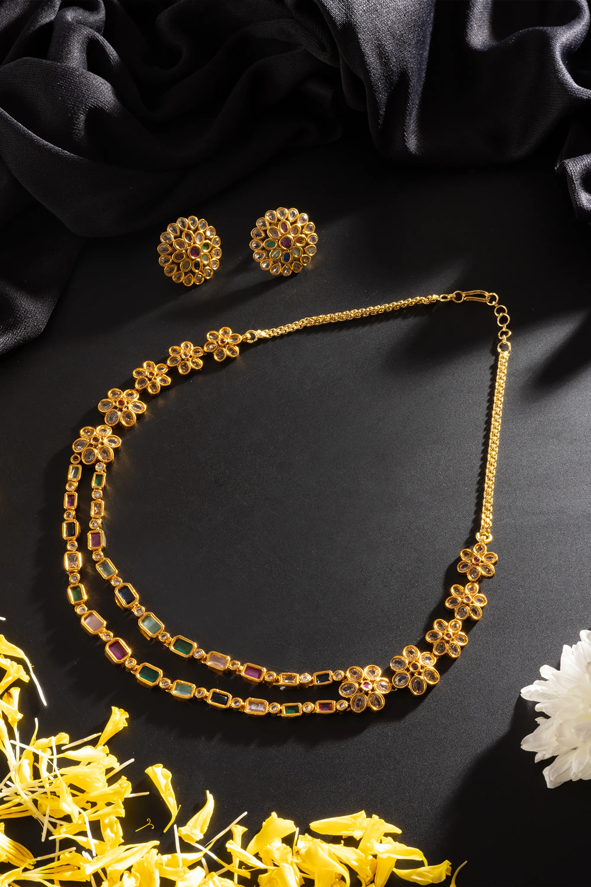 24k Gold Plated Navratna Kundan Multicolor Necklace Set