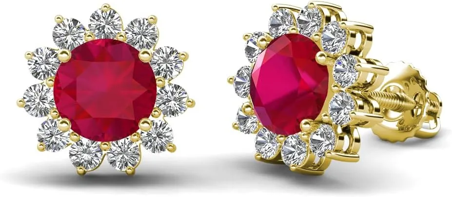 2.56 ctw Ruby accented Natural Diamonds Floral Stud Earrings in 14K Gold