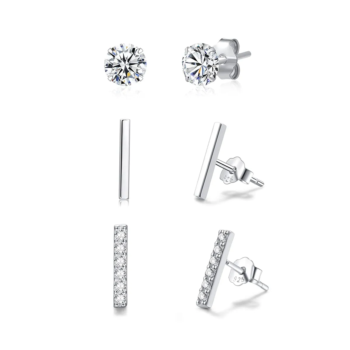 3 Pairs 925 Sterling Silver Stud And Hoop Earrings Set -Freshwater Pearl Studs - Cubic Zirconia Studs -Huggie Hoops - Triple Lobe Earrings Set Pack CZ Studs-CZ Bar Studs-Bar Studs