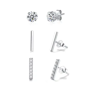 3 Pairs 925 Sterling Silver Stud And Hoop Earrings Set -Freshwater Pearl Studs - Cubic Zirconia Studs -Huggie Hoops - Triple Lobe Earrings Set Pack CZ Studs-CZ Bar Studs-Bar Studs