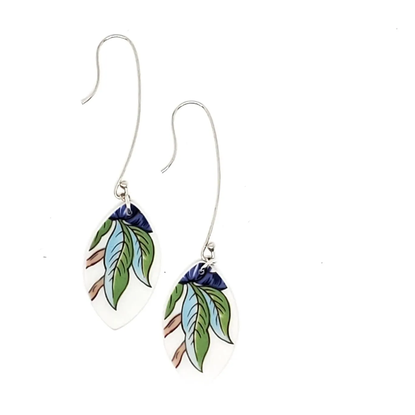 (30% Off) Earrings - Long Blue Green Leaf Vintage China by Material Movement