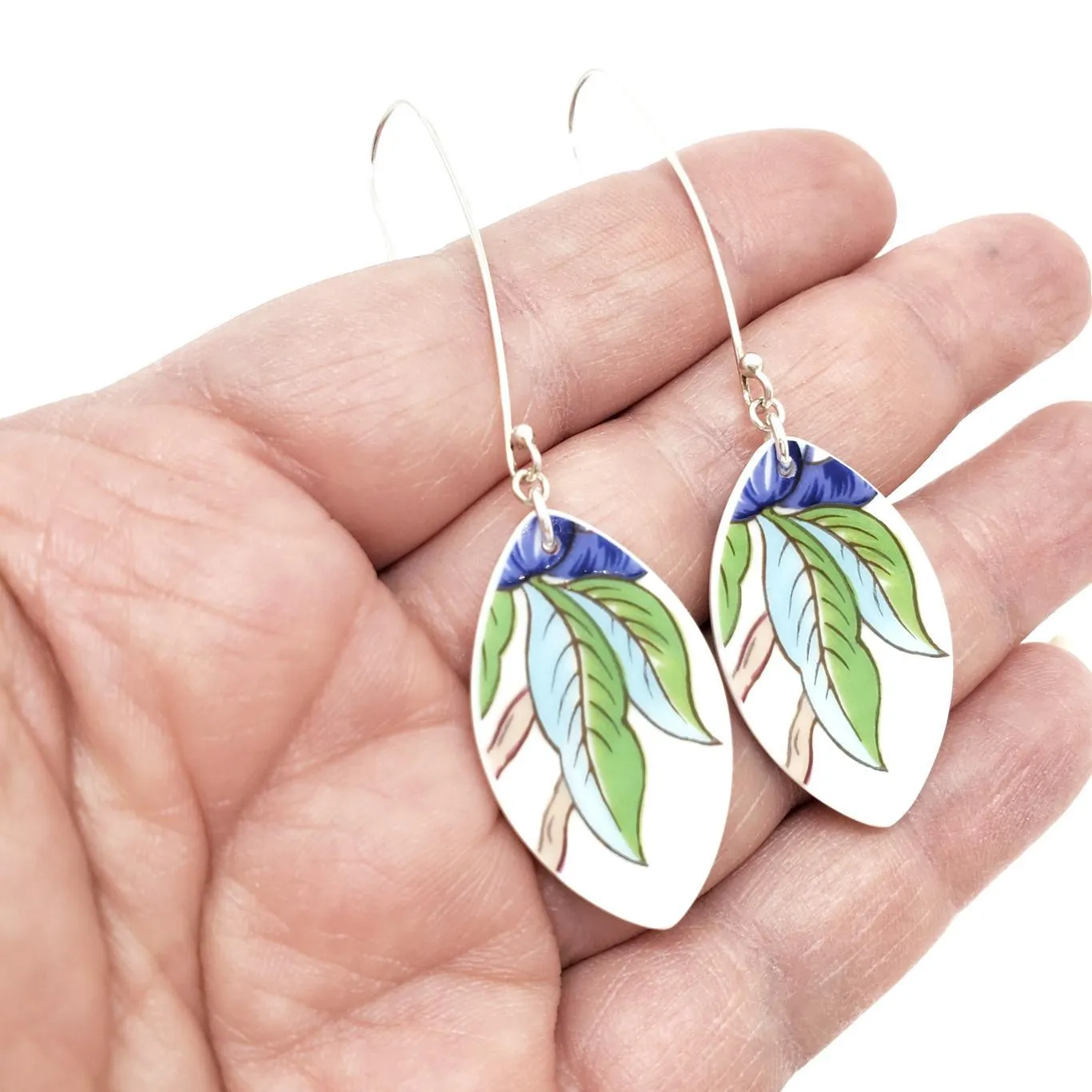 (30% Off) Earrings - Long Blue Green Leaf Vintage China by Material Movement