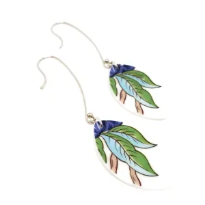 (30% Off) Earrings - Long Blue Green Leaf Vintage China by Material Movement