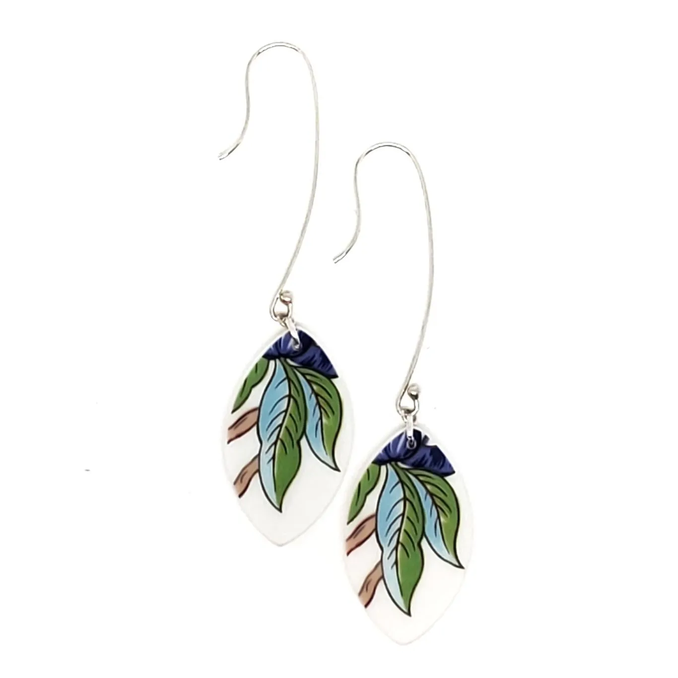 (30% Off) Earrings - Long Blue Green Leaf Vintage China by Material Movement