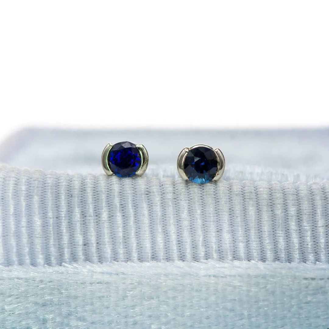 3mm Blue Sapphire Half Bezel Stud Earrings