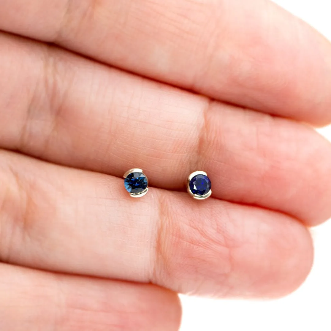 3mm Blue Sapphire Half Bezel Stud Earrings