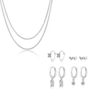 4 Pairs Silver Hoop Earrings and 2PCS Silver Choker Necklaces Set Dainty 14k Silver Plated Lightweight Huggie Hoop Earrings Double Layered Necklace Jewelry Gifts