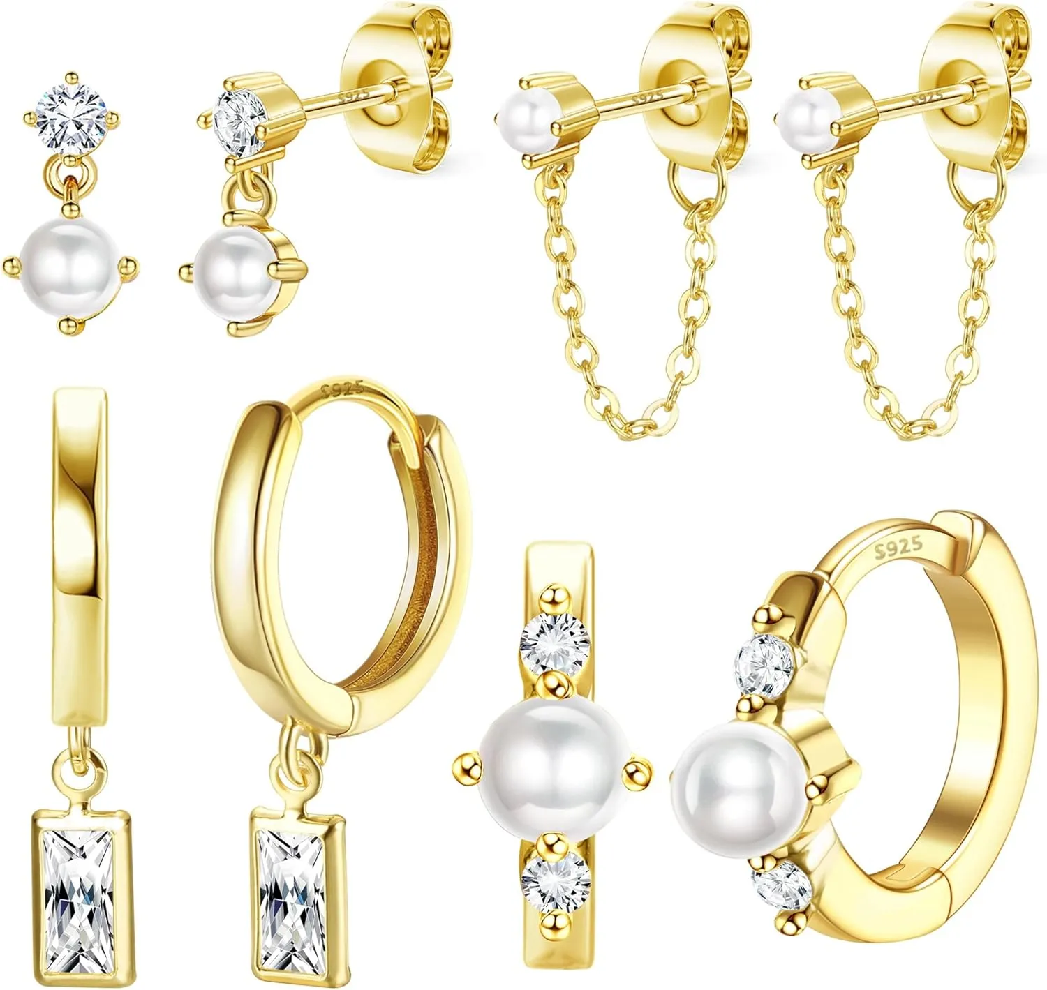 4 Pairs Sterling Silver Post Pearl Hoop Earrings for Women Trendy 14K Gold Plated Huggie Hoop Earrings Cartilage Stud Earrings Sets for Multiple Piercing Small Gold Pearl Hoop Earrings