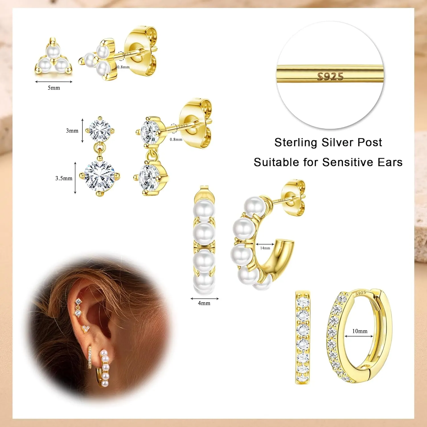 4 Pairs Sterling Silver Post Pearl Hoop Earrings for Women Trendy 14K Gold Plated Huggie Hoop Earrings Cartilage Stud Earrings Sets for Multiple Piercing Small Gold Pearl Hoop Earrings