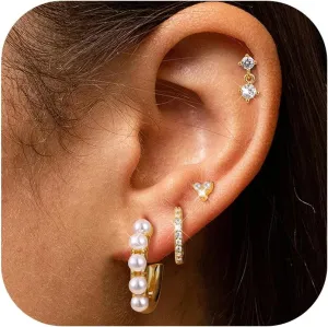 4 Pairs Sterling Silver Post Pearl Hoop Earrings for Women Trendy 14K Gold Plated Huggie Hoop Earrings Cartilage Stud Earrings Sets for Multiple Piercing Small Gold Pearl Hoop Earrings