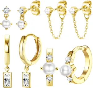 4 Pairs Sterling Silver Post Pearl Hoop Earrings for Women Trendy 14K Gold Plated Huggie Hoop Earrings Cartilage Stud Earrings Sets for Multiple Piercing Small Gold Pearl Hoop Earrings