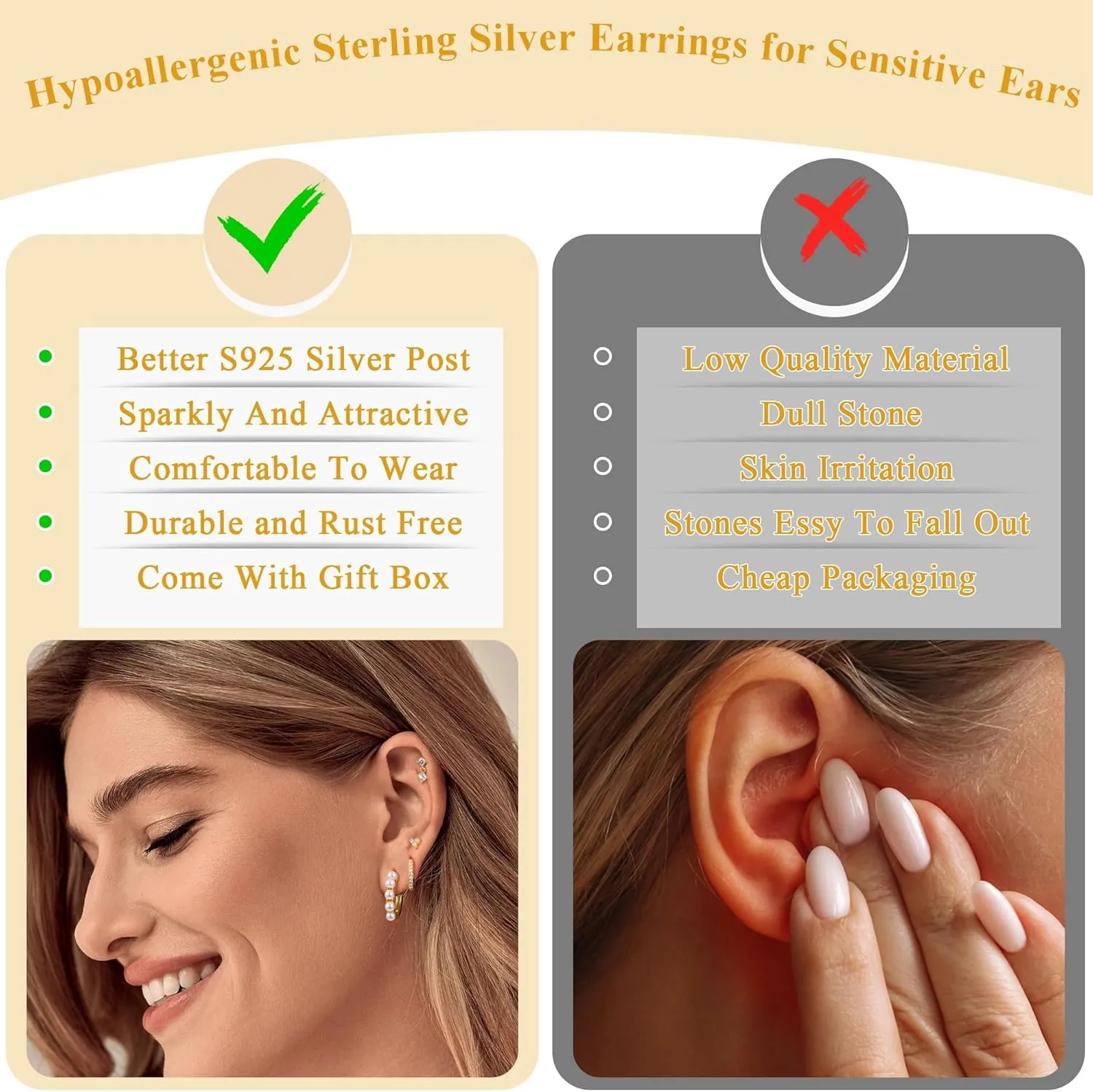 4 Pairs Sterling Silver Post Pearl Hoop Earrings for Women Trendy 14K Gold Plated Huggie Hoop Earrings Cartilage Stud Earrings Sets for Multiple Piercing Small Gold Pearl Hoop Earrings