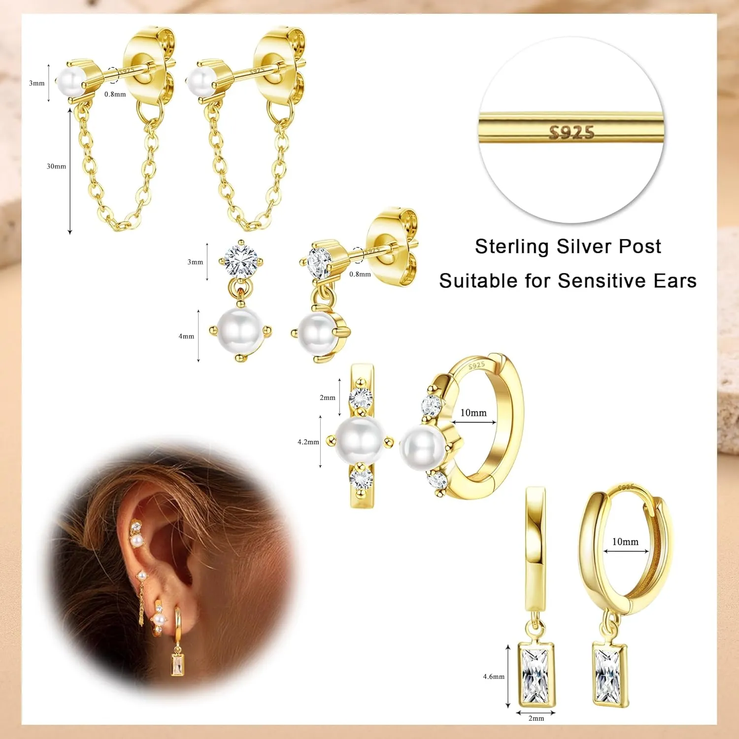 4 Pairs Sterling Silver Post Pearl Hoop Earrings for Women Trendy 14K Gold Plated Huggie Hoop Earrings Cartilage Stud Earrings Sets for Multiple Piercing Small Gold Pearl Hoop Earrings