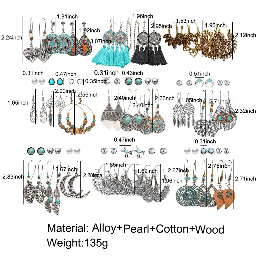 45 Pairs Fashion Hollow Drop Dangle Earrings Set for Women Girls Bohemian National Style Eardrop with Bronze Waterdrop Leaf Feather Shaped Vintage Jewelry for Gifts