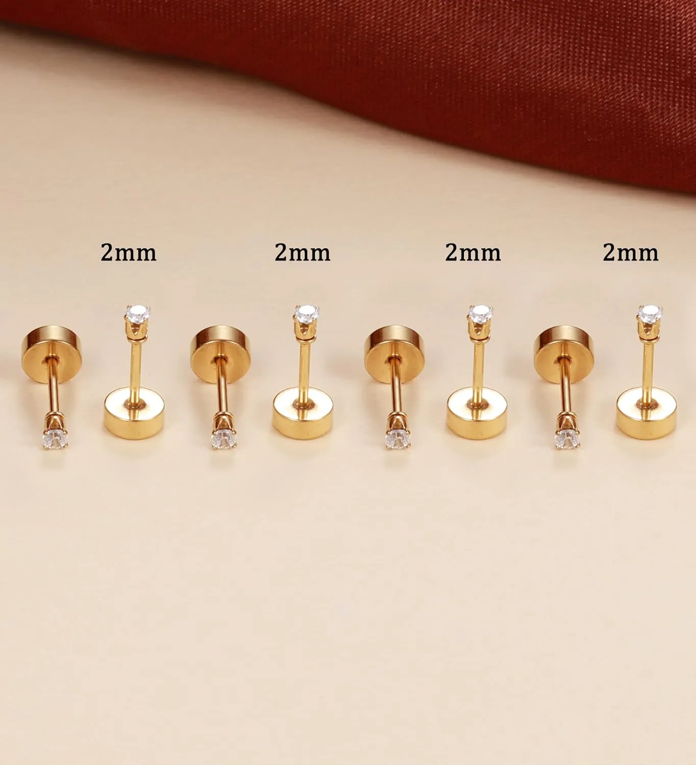4Pairs 2MM Flatback Stud Earrings for Women Girls Tiny CZ Stud Earring Stainless Steel Hypoallergenic Handmade Screw Back Earrings Set