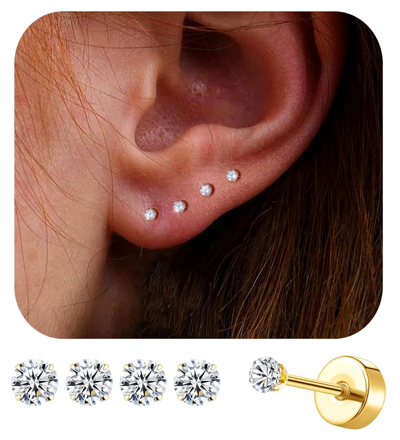 4Pairs 2MM Flatback Stud Earrings for Women Girls Tiny CZ Stud Earring Stainless Steel Hypoallergenic Handmade Screw Back Earrings Set