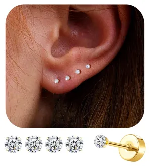 4Pairs 2MM Flatback Stud Earrings for Women Girls Tiny CZ Stud Earring Stainless Steel Hypoallergenic Handmade Screw Back Earrings Set